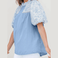 Alaine Beau Blue Lace Insert Floral Puff Sleeve Patchwork Loose Blouse
