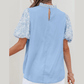 Alaine Beau Blue Lace Insert Floral Puff Sleeve Patchwork Loose Blouse