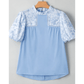 Alaine Beau Blue Lace Insert Floral Puff Sleeve Patchwork Loose Blouse