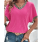 Carolyn Bright Pink Leopard Patchwork Corded Texture V Neck T Shirt