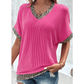 Carolyn Bright Pink Leopard Patchwork Corded Texture V Neck T Shirt