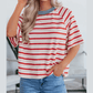 Jobelle Tomato Red Stripe Print Contrast Collar Raglan Sleeve T Shirt