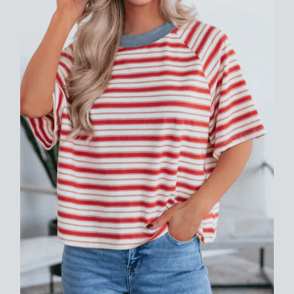 Jobelle Tomato Red Stripe Print Contrast Collar Raglan Sleeve T Shirt