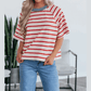 Jobelle Tomato Red Stripe Print Contrast Collar Raglan Sleeve T Shirt