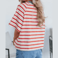 Jobelle Tomato Red Stripe Print Contrast Collar Raglan Sleeve T Shirt