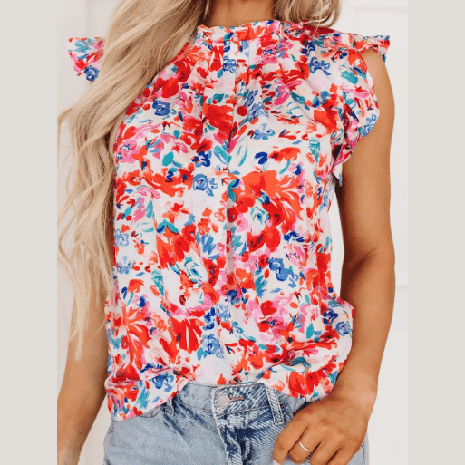 Bali Red Frilled Neck Pleated Boho Floral Tank Top