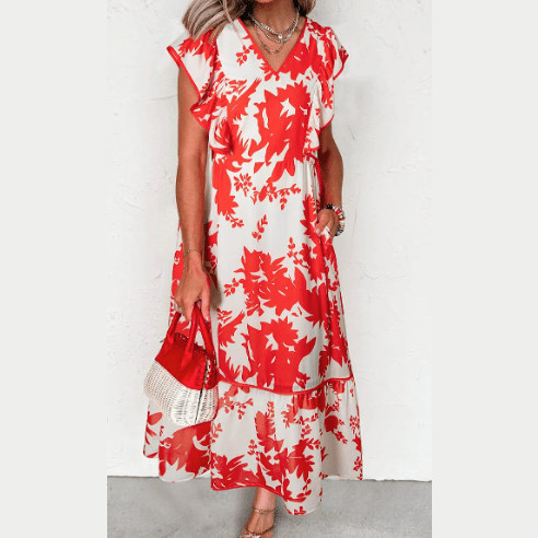 RTS Pandora Red Floral Print Trimmed V Neck Ruffle Sleeve Long Dress