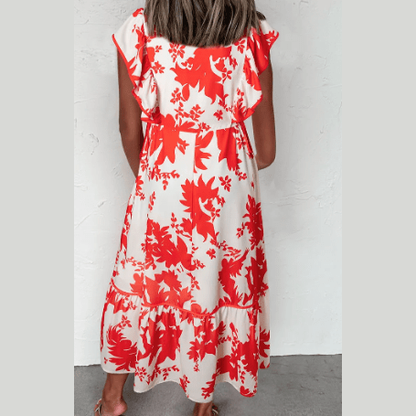 RTS Pandora Red Floral Print Trimmed V Neck Ruffle Sleeve Long Dress