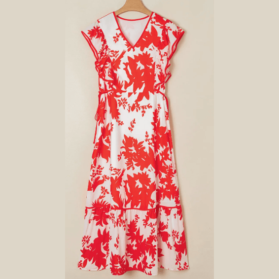 RTS Pandora Red Floral Print Trimmed V Neck Ruffle Sleeve Long Dress