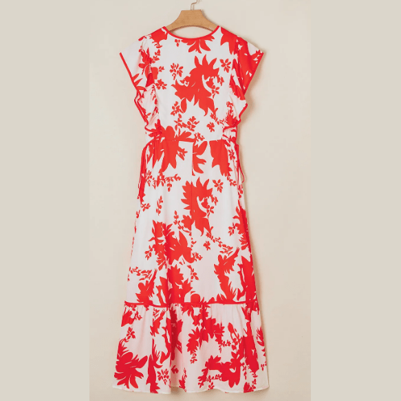 RTS Pandora Red Floral Print Trimmed V Neck Ruffle Sleeve Long Dress