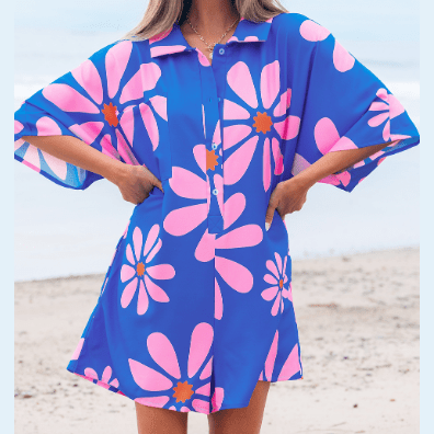 Tess Blue Summer Flower Print Shirt Collar Button Front Loose Romper