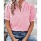 Alyssa Pink Stripe Notched Neck Frilled Short Puff Sleeve Blouse