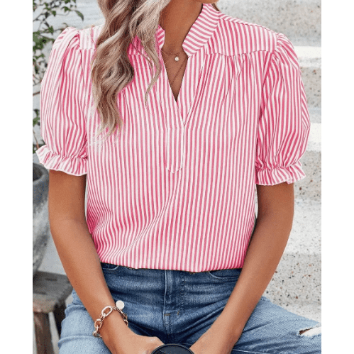 Alyssa Pink Stripe Notched Neck Frilled Short Puff Sleeve Blouse