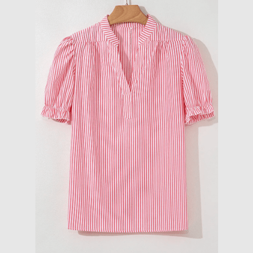 Alyssa Pink Stripe Notched Neck Frilled Short Puff Sleeve Blouse