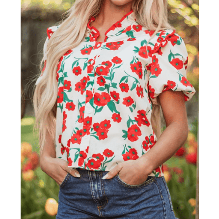 Beckah Red Floral Print Ruffled Puff Sleeve Elegant Summer Shirt
