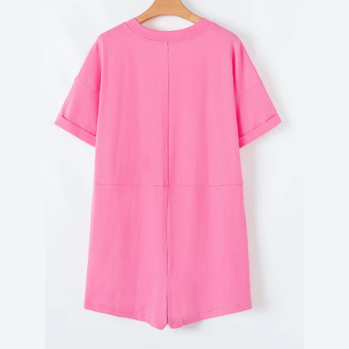 Jaci Bonbon Pink Loose Half Sleeve V Neck Knit Romper