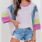 Fynlee Purple Stripe Floral Color Block Raw Edge Patchwork Bracelet Sleeve Blouse