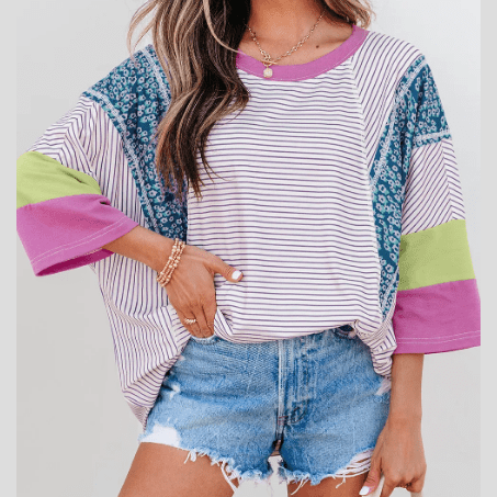 Fynlee Purple Stripe Floral Color Block Raw Edge Patchwork Bracelet Sleeve Blouse