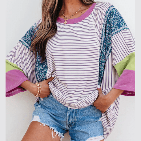 Fynlee Purple Stripe Floral Color Block Raw Edge Patchwork Bracelet Sleeve Blouse