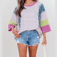 Fynlee Purple Stripe Floral Color Block Raw Edge Patchwork Bracelet Sleeve Blouse