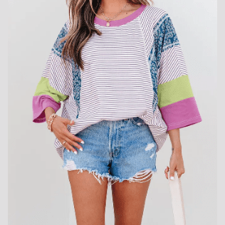 Fynlee Purple Stripe Floral Color Block Raw Edge Patchwork Bracelet Sleeve Blouse