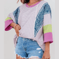 Fynlee Purple Stripe Floral Color Block Raw Edge Patchwork Bracelet Sleeve Blouse