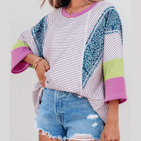 Fynlee Purple Stripe Floral Color Block Raw Edge Patchwork Bracelet Sleeve Blouse
