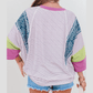 Fynlee Purple Stripe Floral Color Block Raw Edge Patchwork Bracelet Sleeve Blouse