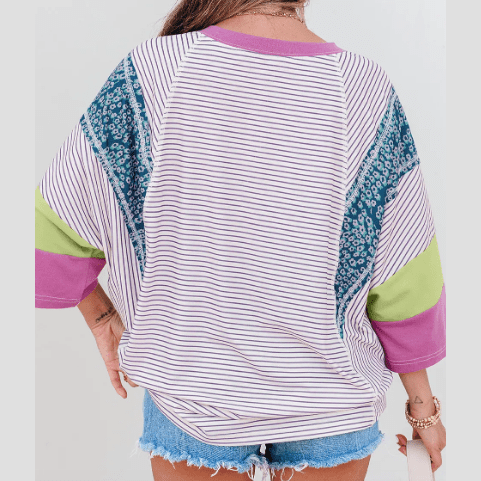 Fynlee Purple Stripe Floral Color Block Raw Edge Patchwork Bracelet Sleeve Blouse