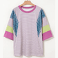 Fynlee Purple Stripe Floral Color Block Raw Edge Patchwork Bracelet Sleeve Blouse