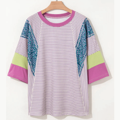 Fynlee Purple Stripe Floral Color Block Raw Edge Patchwork Bracelet Sleeve Blouse