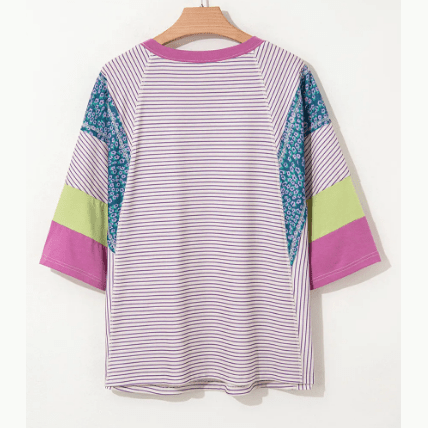 Fynlee Purple Stripe Floral Color Block Raw Edge Patchwork Bracelet Sleeve Blouse