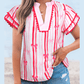 Carlita Pink Ric-rac Trim Ruffled Sleeve V Neck Bow Striped Printed Blouse