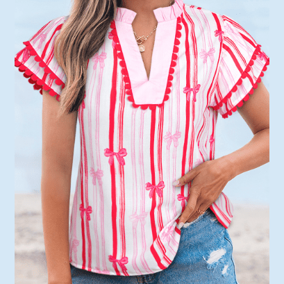 Carlita Pink Ric-rac Trim Ruffled Sleeve V Neck Bow Striped Printed Blouse