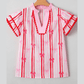 Carlita Pink Ric-rac Trim Ruffled Sleeve V Neck Bow Striped Printed Blouse