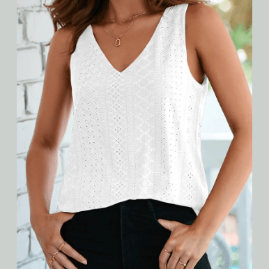Martena White Eyelet Knit Patterned Loose V Neck Tank Top