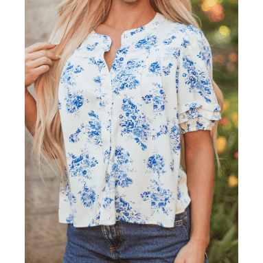 RTS Aveline Sky Blue Floral Tiered Puff Short Sleeve Pleated Bust Buttoned Casual Shirt