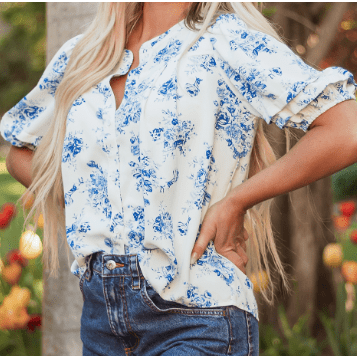 RTS Aveline Sky Blue Floral Tiered Puff Short Sleeve Pleated Bust Buttoned Casual Shirt