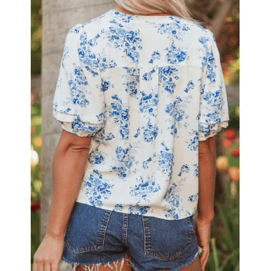 RTS Aveline Sky Blue Floral Tiered Puff Short Sleeve Pleated Bust Buttoned Casual Shirt