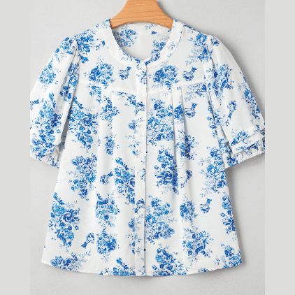 RTS Aveline Sky Blue Floral Tiered Puff Short Sleeve Pleated Bust Buttoned Casual Shirt