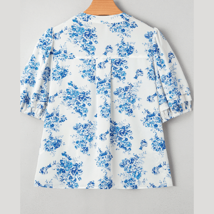 RTS Aveline Sky Blue Floral Tiered Puff Short Sleeve Pleated Bust Buttoned Casual Shirt