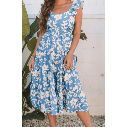 Aileen Sky Blue Floral U Neck Flutter Shoulder Tiered Flowy Midi Dress