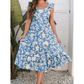 Aileen Sky Blue Floral U Neck Flutter Shoulder Tiered Flowy Midi Dress