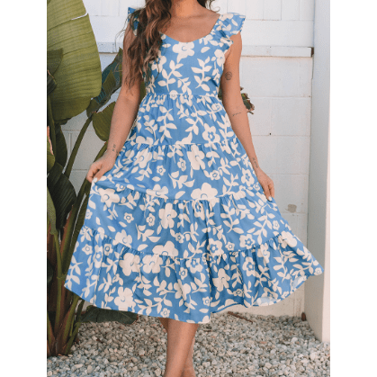 Aileen Sky Blue Floral U Neck Flutter Shoulder Tiered Flowy Midi Dress