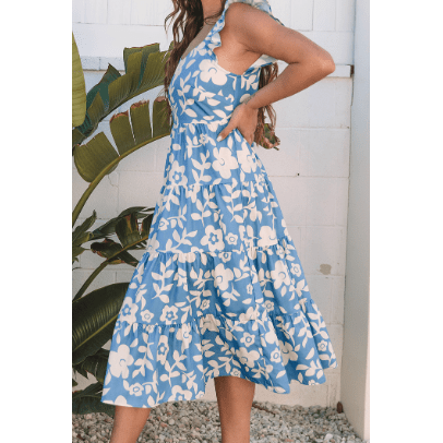 Aileen Sky Blue Floral U Neck Flutter Shoulder Tiered Flowy Midi Dress