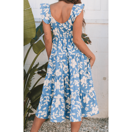 Aileen Sky Blue Floral U Neck Flutter Shoulder Tiered Flowy Midi Dress