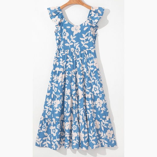 Aileen Sky Blue Floral U Neck Flutter Shoulder Tiered Flowy Midi Dress