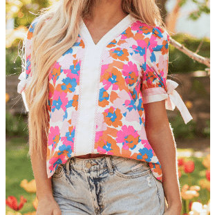 Kimia White Floral Colorblock Striped Edge V Neck Knotted Short Sleeve Blouse