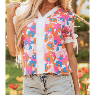 Kimia White Floral Colorblock Striped Edge V Neck Knotted Short Sleeve Blouse