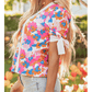 Kimia White Floral Colorblock Striped Edge V Neck Knotted Short Sleeve Blouse